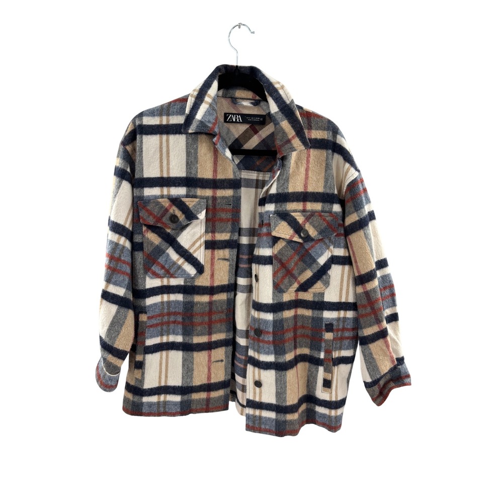 ZARA Oversized‎ Plaid Shirt Jacket Shacket Women's Small Brown Blue Red